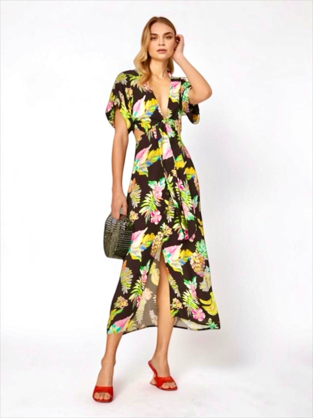 Le Superbe Pineapple Tropical Wrap Maxi Dress Resort Vacation Size S NWT